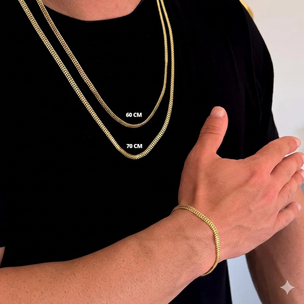 Kit Corrente e Pulseira - Grumet Dupla 5mm - Banhado A Ouro 18k
