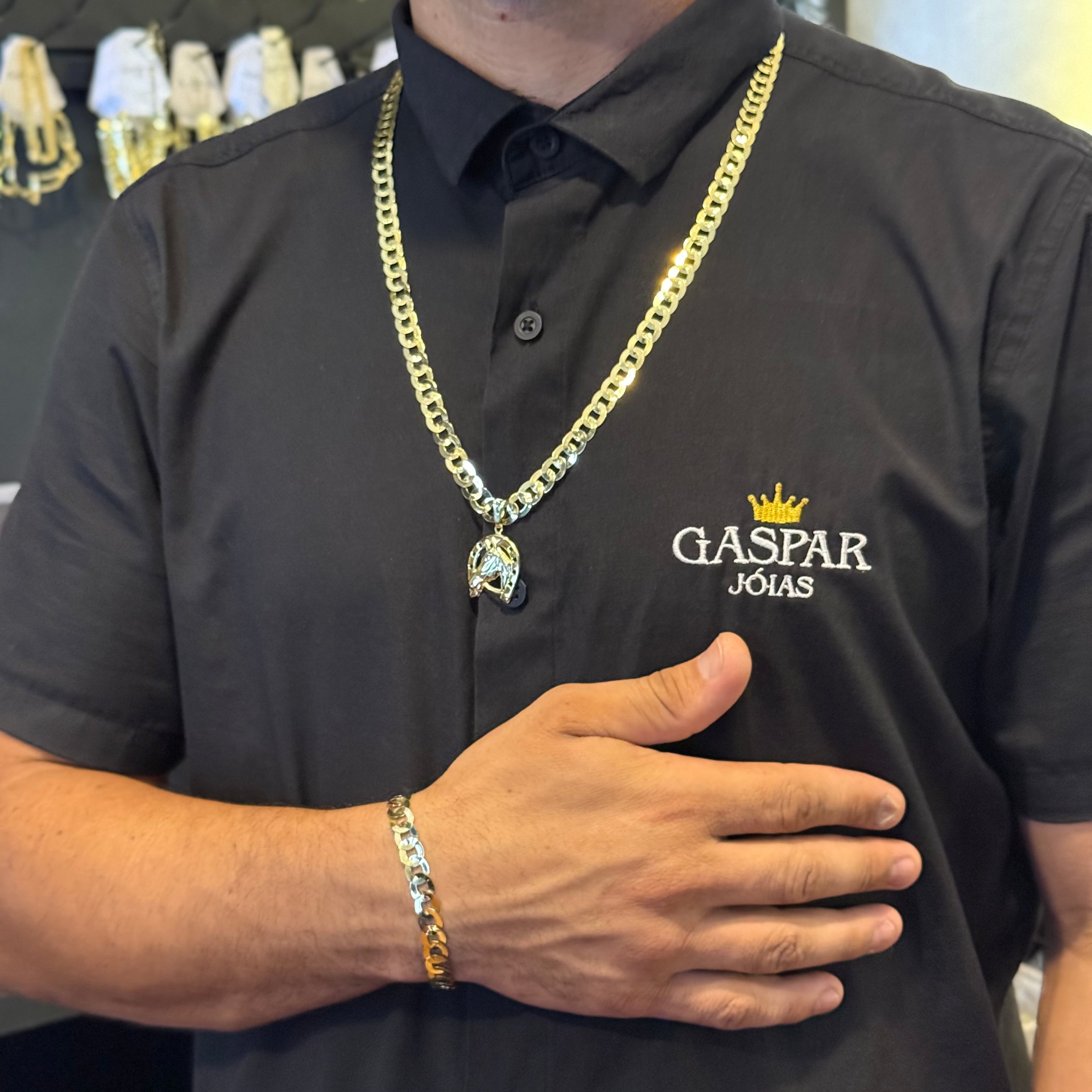 Kit Corrente e Pulseira Elo Redondo 8mm - Moeda Antiga Italiana + Pingente Cavalo + Verniz + Banho de 10 Millessimos Ouro