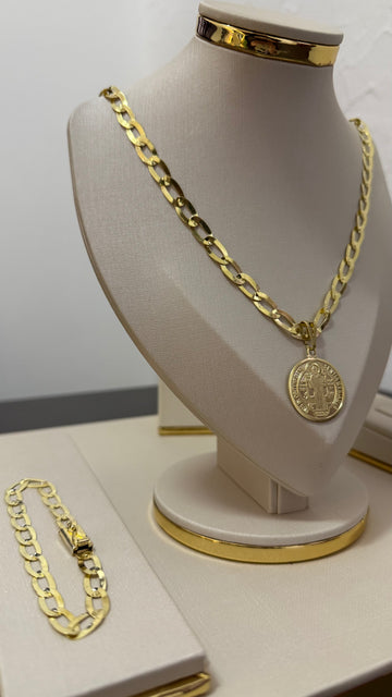Kit Corrente e Pulseira Chapeada 6mm - MOEDA ANTIGA IDENTICO AO OURO 18K - (PINGENTE SÃO BENTO DE BRINDE)