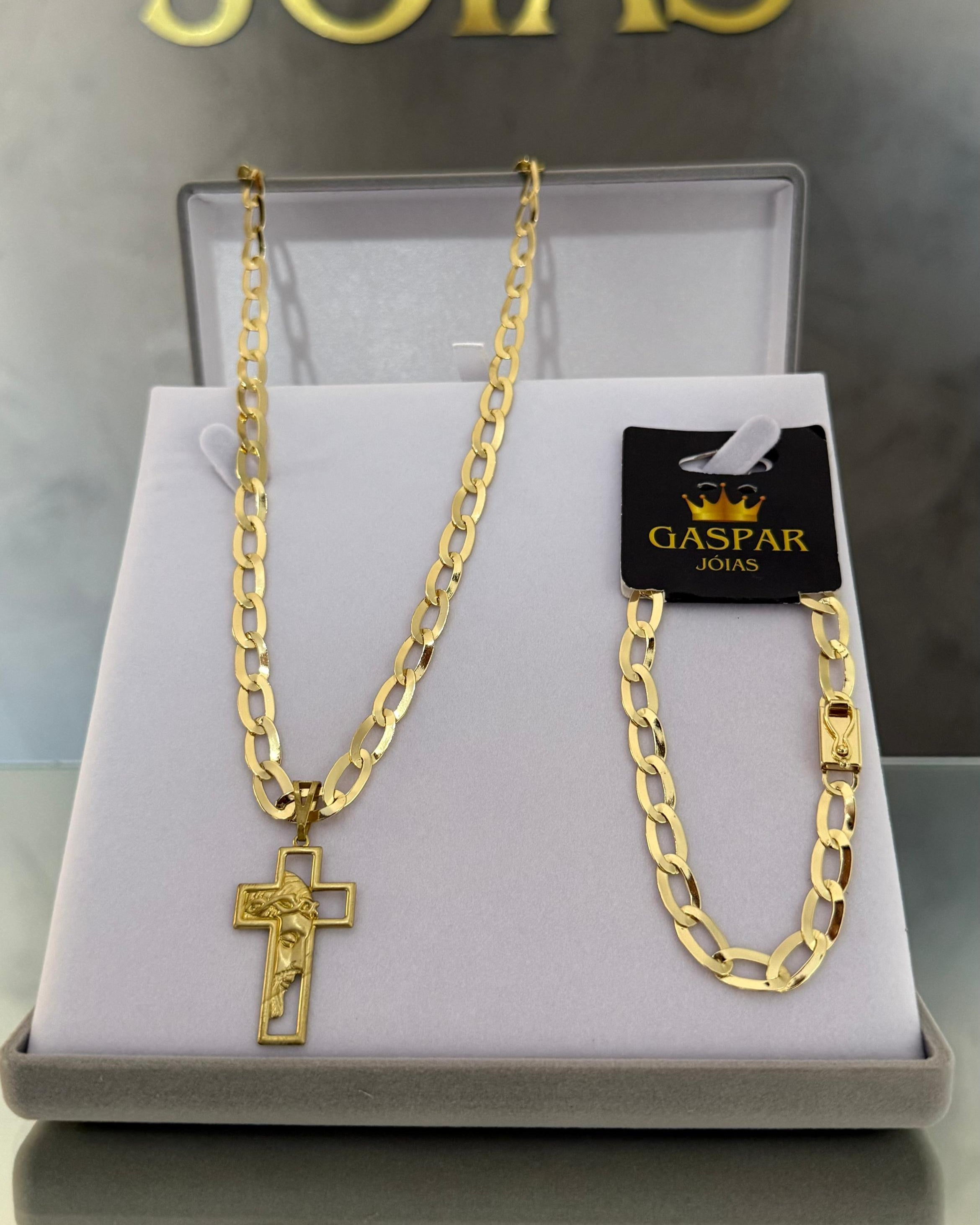Kit Corrente e Pulseira Chapeada 6mm - BANHADO A OURO 18K - (PINGENTE CRUZ DE BRINDE)
