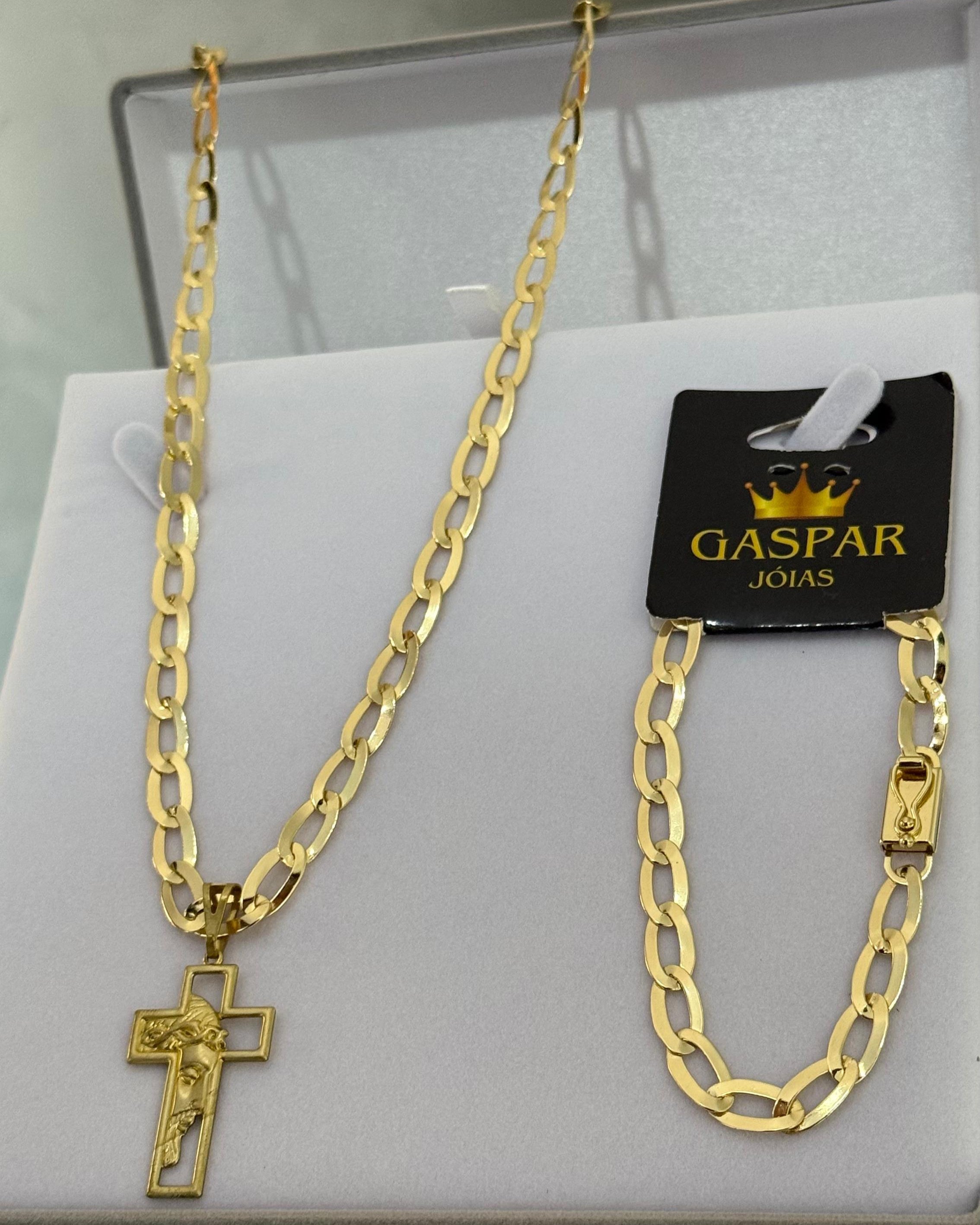 Kit Corrente e Pulseira Chapeada 6mm - BANHADO A OURO 18K - (PINGENTE CRUZ DE BRINDE)