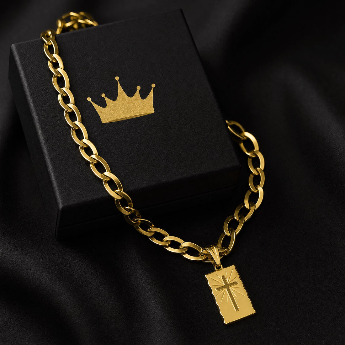 Kit Corrente Laminada Chapeada 6mm e Pingente Pingente Cruz Moeda Premmium 18K