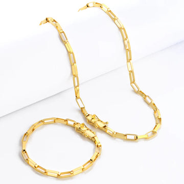 Kit Corrente e Pulseira - Tijolinho Elo Alongado 5mm - Banhado A Ouro 18k