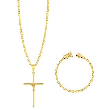 Kit Corrente e Pulseira - Cadeado 2mm + Cruz Palito - Banhado A Ouro 18k