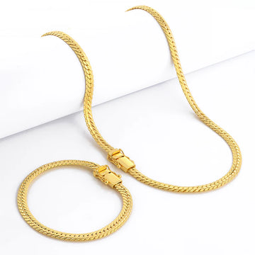 Kit Corrente e Pulseira - Grumet Flat Detalhada 6mm - A Ouro 18k